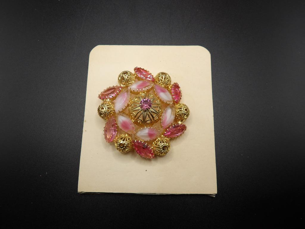 Vintage Pink & White Floral Glass Stone Brooch — Gold Tone, 1.5 Inch