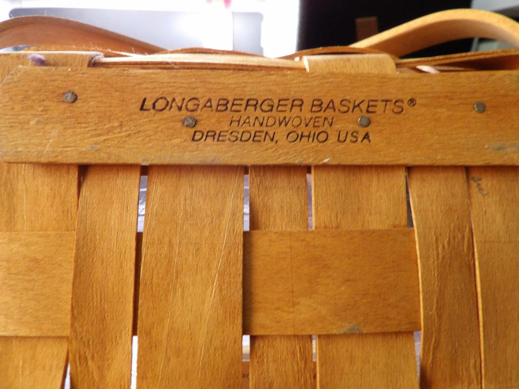 1993 Longaberger Handwoven Basket — Green Accent Band & Swing Handle with Plastic Protector