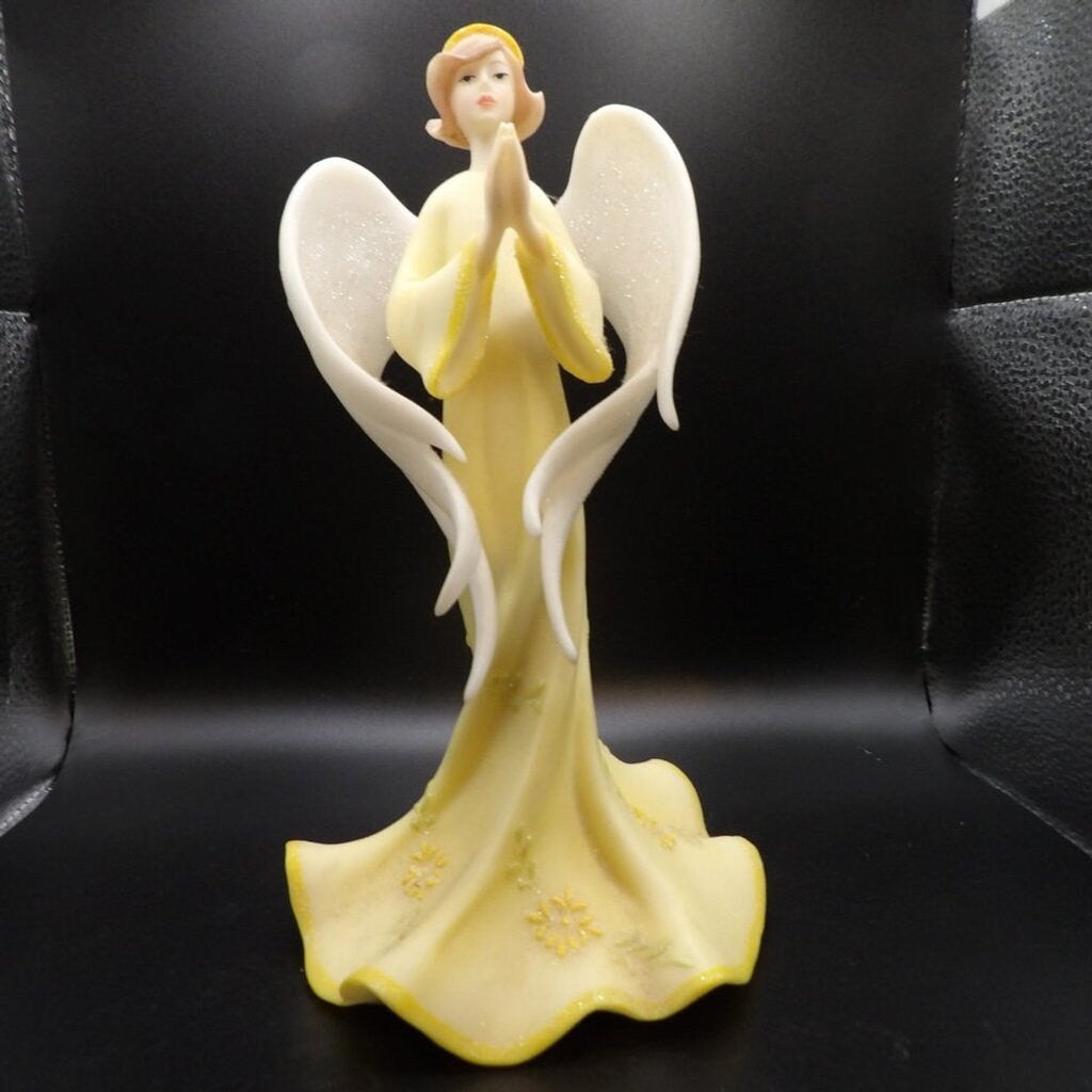 Vintage 8" Praying Angel Figurine in Yellow Robe with Flowers — Religious Décor