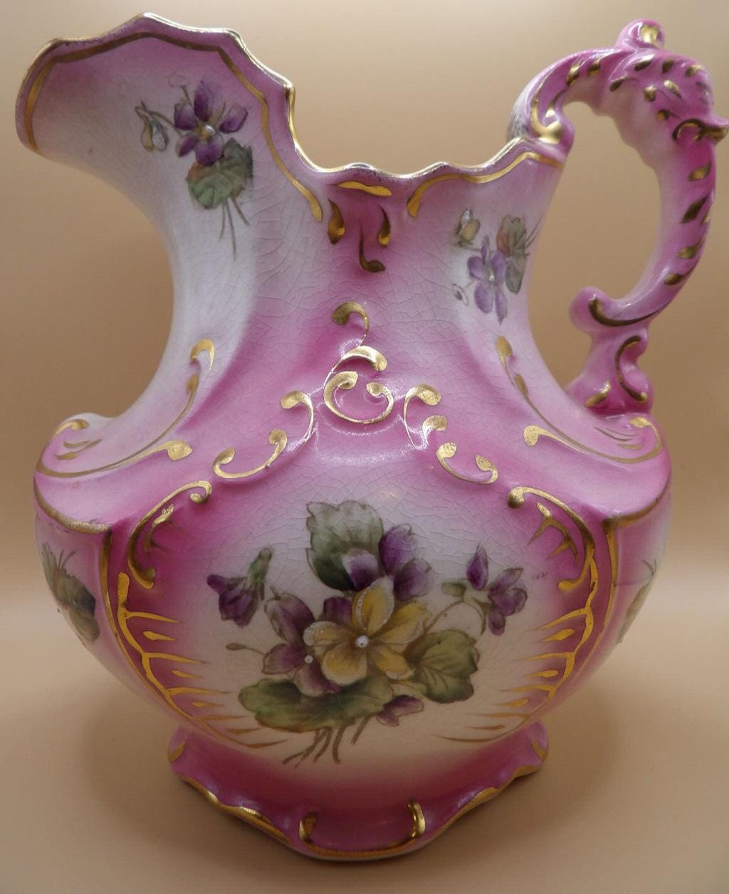 Rare Torquay Haynes Salts Pitcher Pink with Violets and Gold Trimming