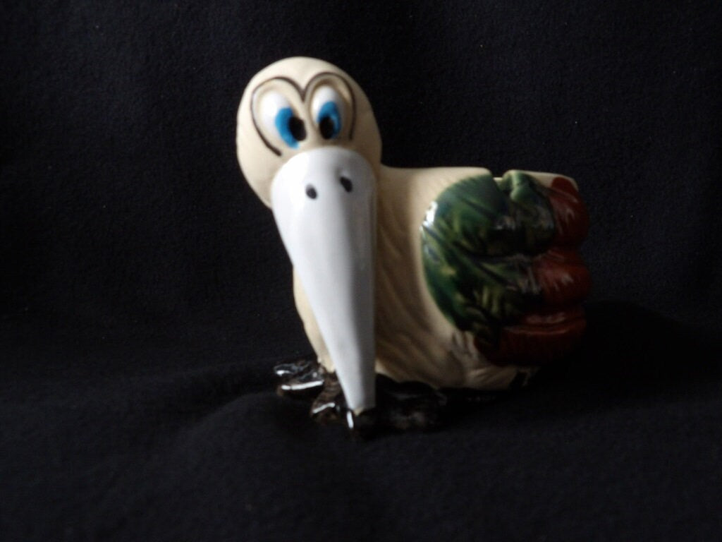 Vintage Ceramic Stork Ashtray — Whimsical Brown & Green Bird Figurine Ashtray