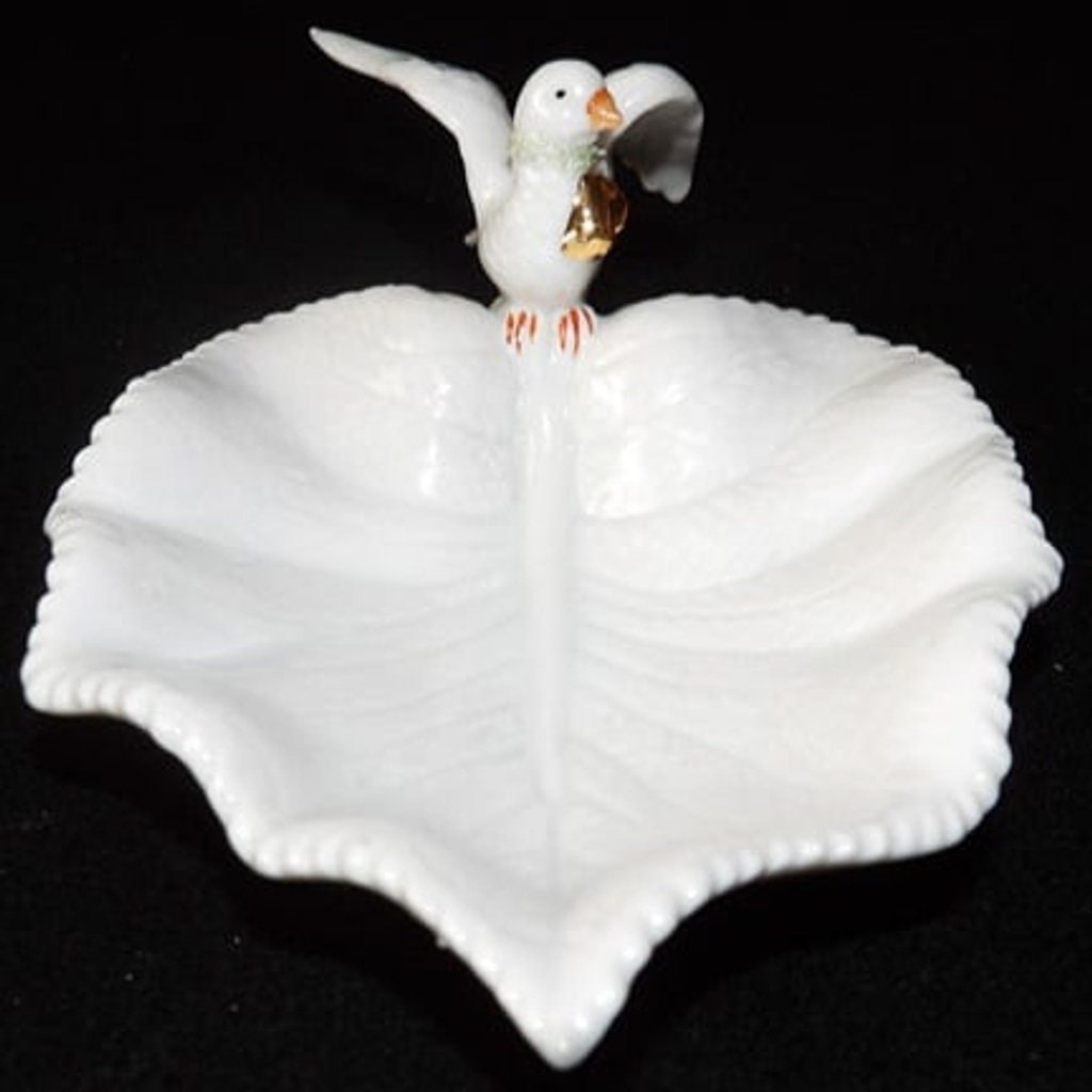 Vintage Porcelain Trinket Dish — Dove with Golden Bells & Wreath