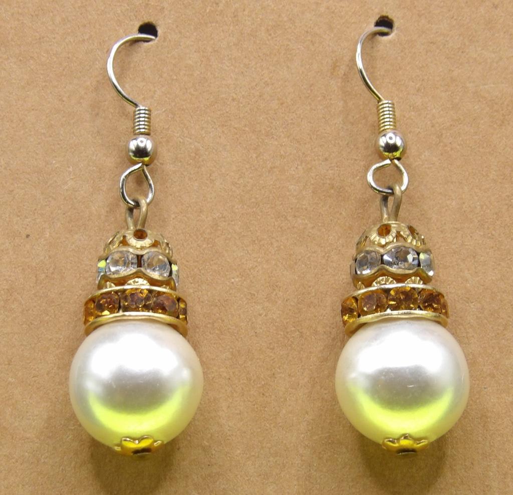Vintage Faux Pearl & Amber Rhinestone Dangle Earrings — Gold Tone Shepherd's Hook