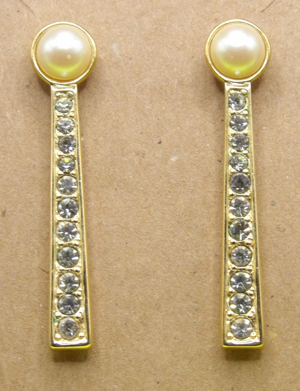 Vintage Gold Tone Faux Pearl & Rhinestone Linear Drop Earrings