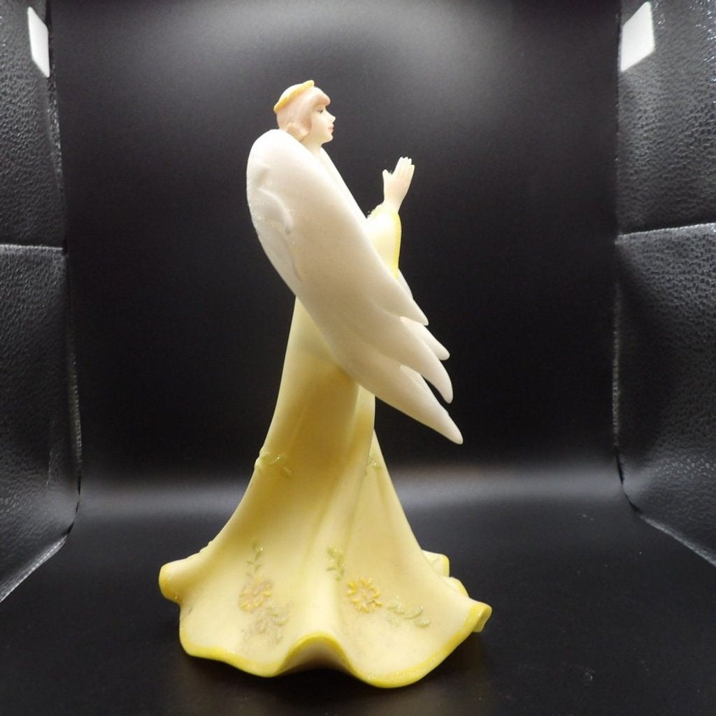 Vintage 8" Praying Angel Figurine in Yellow Robe with Flowers — Religious Décor