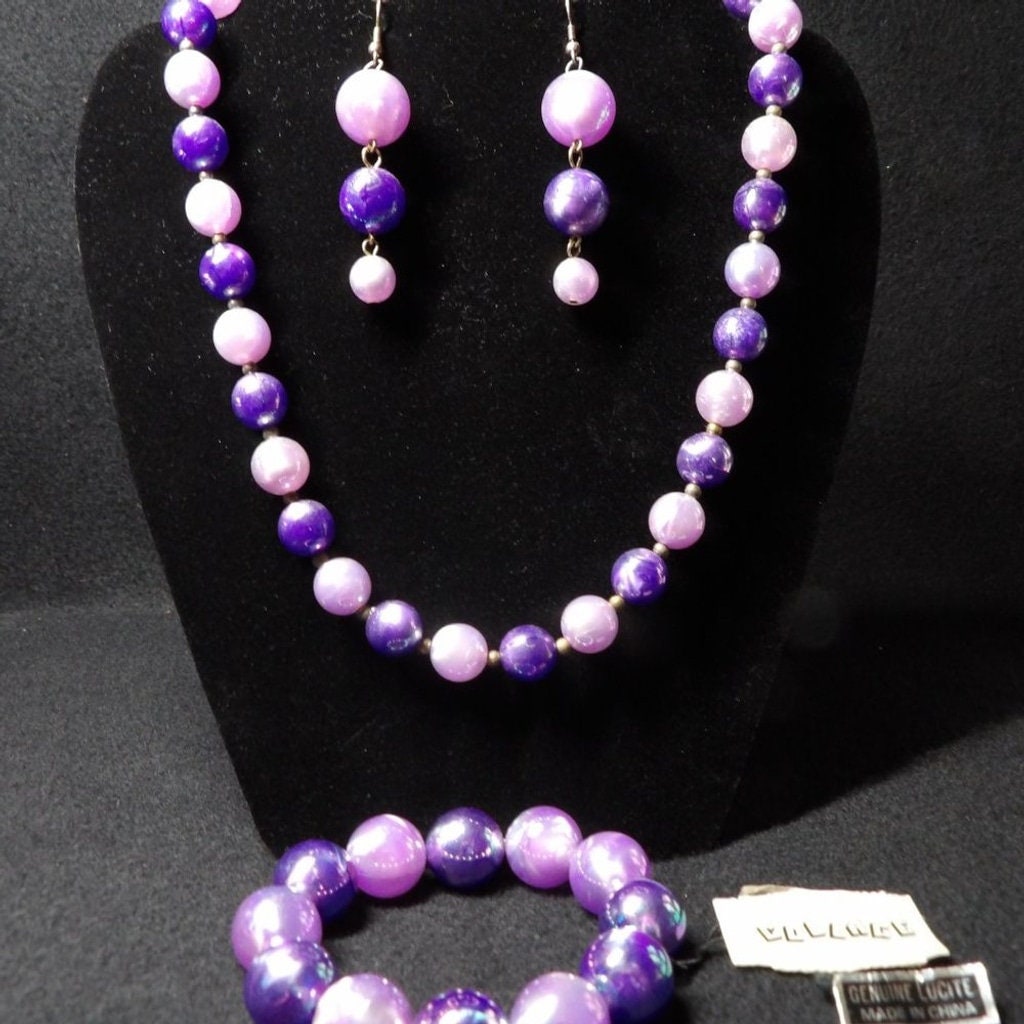 Purple Lucite Chunky Beaded Jewelry Set — Necklace, Bracelet & Earrings