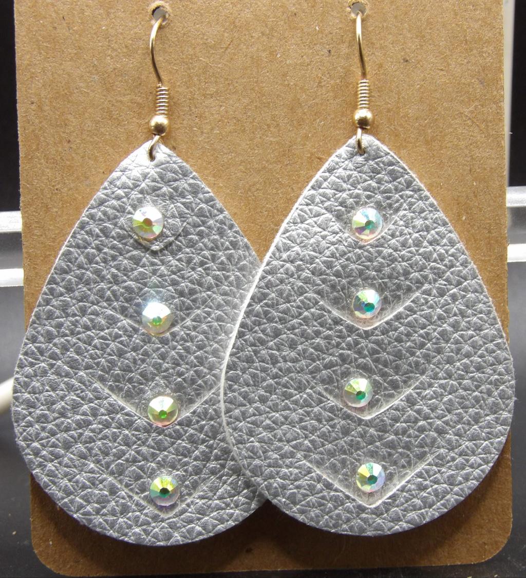 Women's Silver Faux Leather Teardrop Earrings with Iridescent Rhinestone Chevron