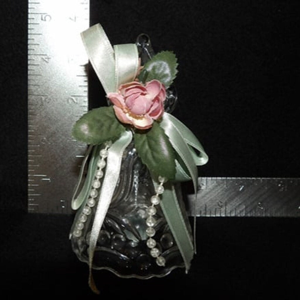 Vintage Small Glass Bell with Pink Flowers & Pearl Trim