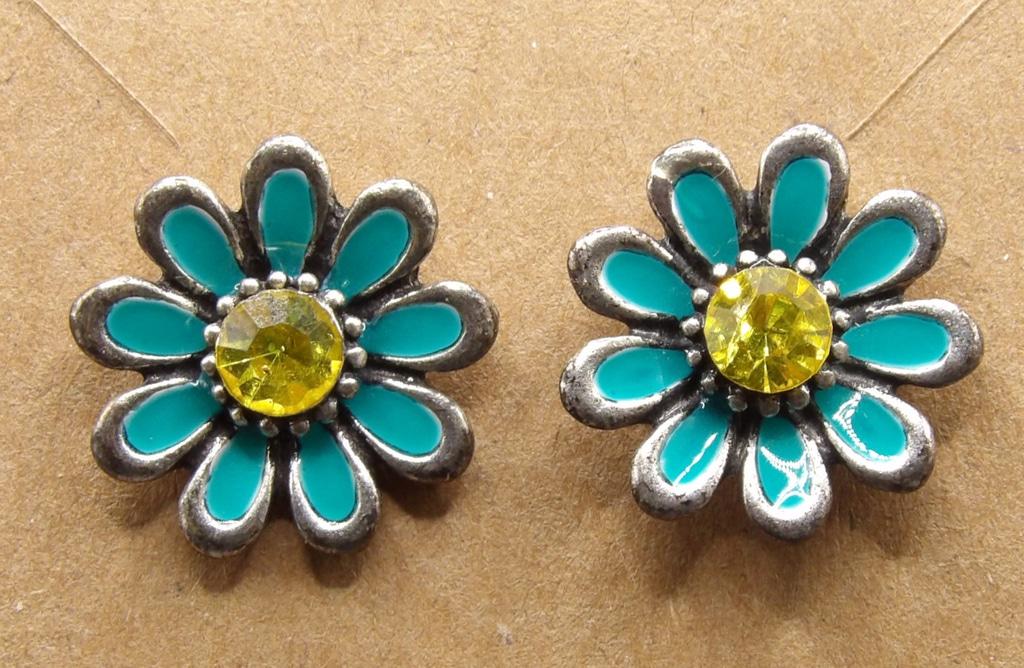 Women's Turquoise Enamel Flower Stud Earrings with Yellow Rhinestone Center