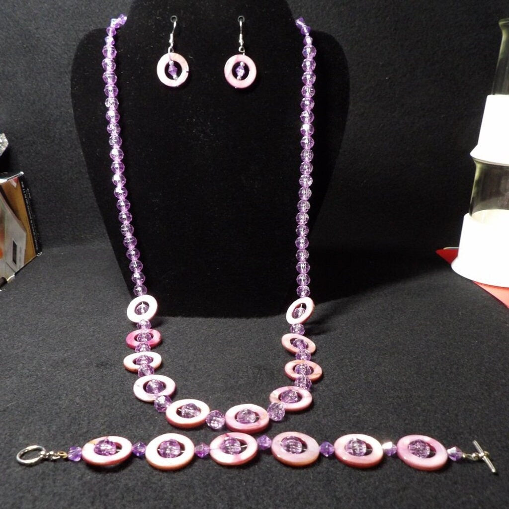 Handmade Pink Chunky Bead Jewelry Set — Necklace, Bracelet & Earrings