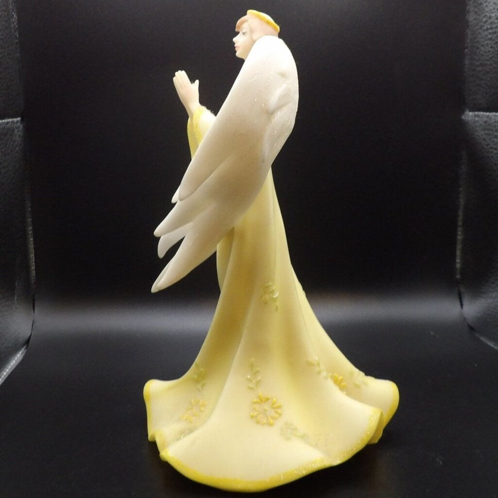 Vintage 8" Praying Angel Figurine in Yellow Robe with Flowers — Religious Décor