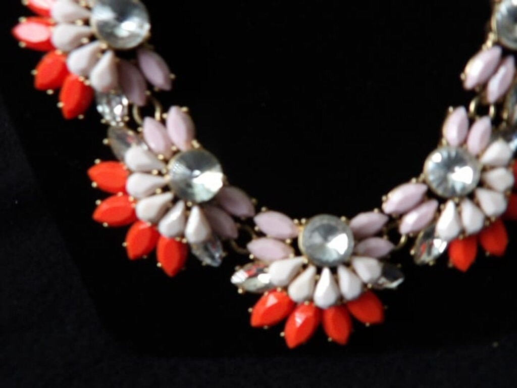 J. Crew Pink Coral Crystal Floral Gold Tone Statement Necklace