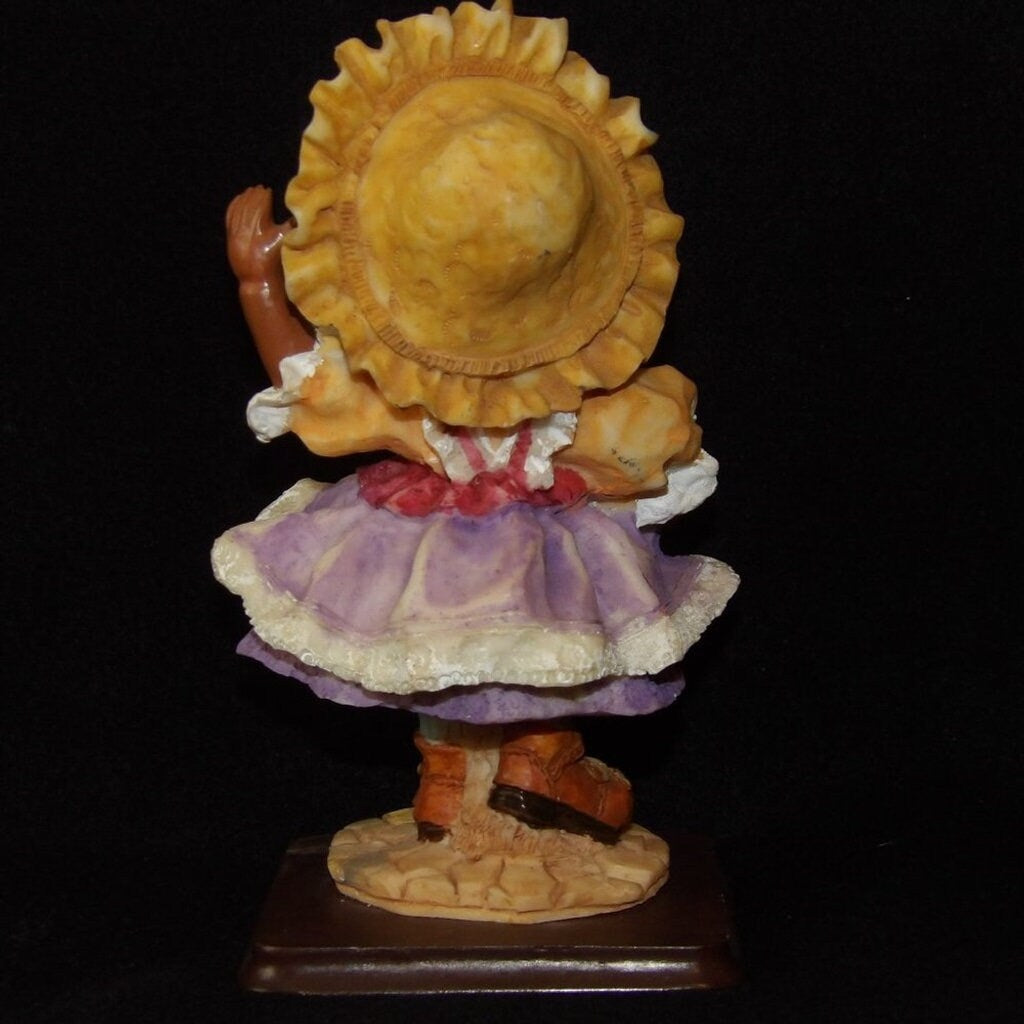Vintage African American Girl Waving Figurine — Purple Dress & Tan Yellow Hat