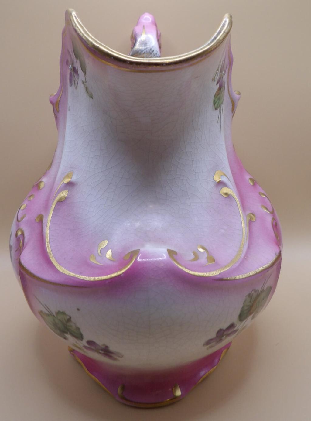 Rare Torquay Haynes Salts Pitcher Pink with Violets and Gold Trimming