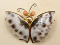 Women's Vintage Butterfly Brooch — Shell or Resin Wings with Gold-Tone Frame & Coral Accents
