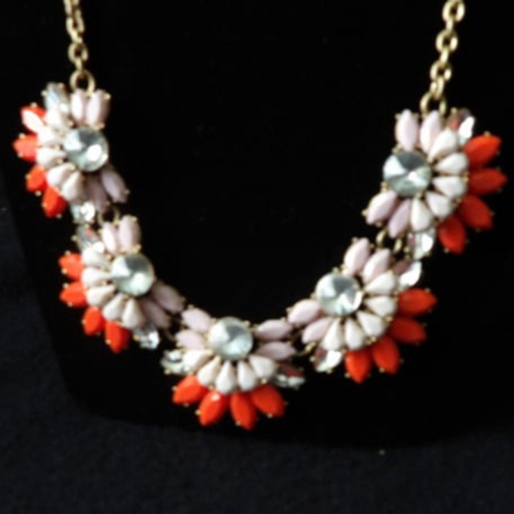 J. Crew Pink Coral Crystal Floral Gold Tone Statement Necklace