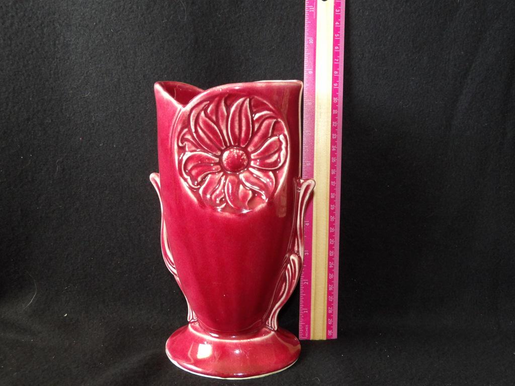 Red Ceramic Flower Design Home Decor Vase 1940's