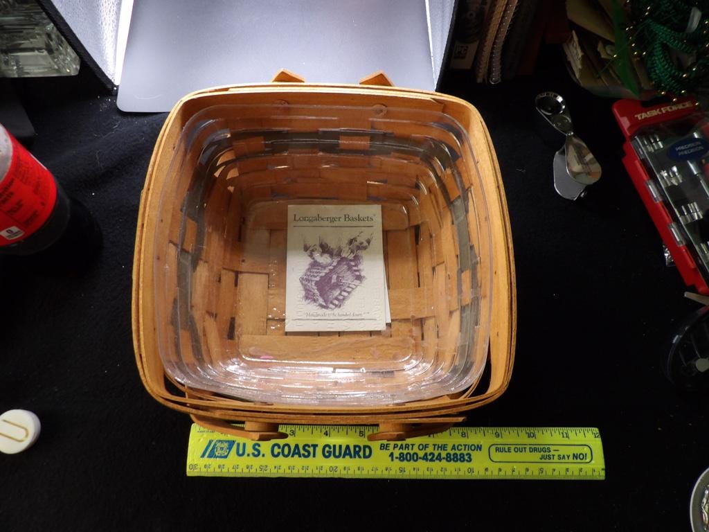 1993 Longaberger Handwoven Basket — Green Accent Band & Swing Handle with Plastic Protector