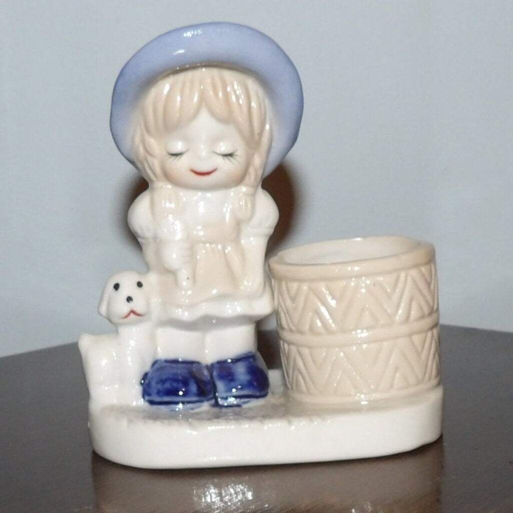 Vintage Girl Holding Flower and Puppy Toothpick/Candle Holder