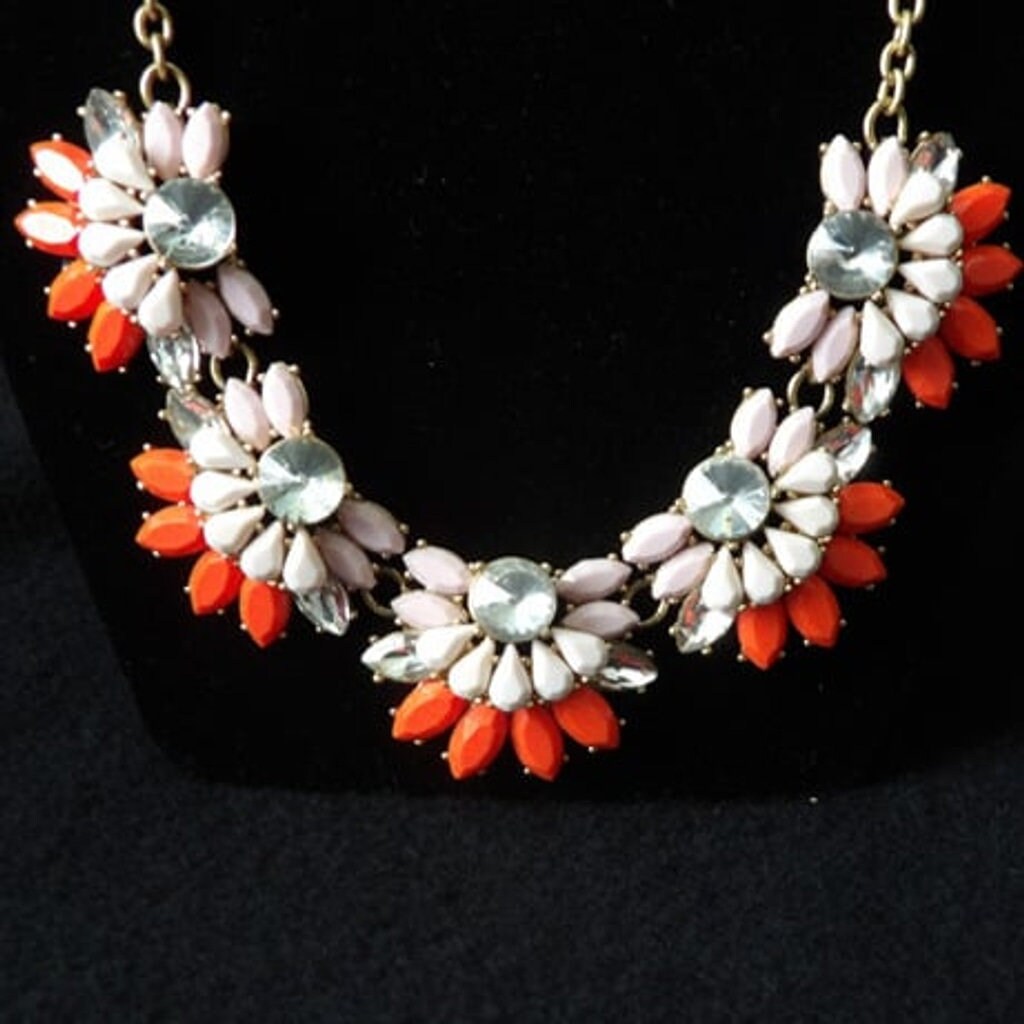 J. Crew Pink Coral Crystal Floral Gold Tone Statement Necklace