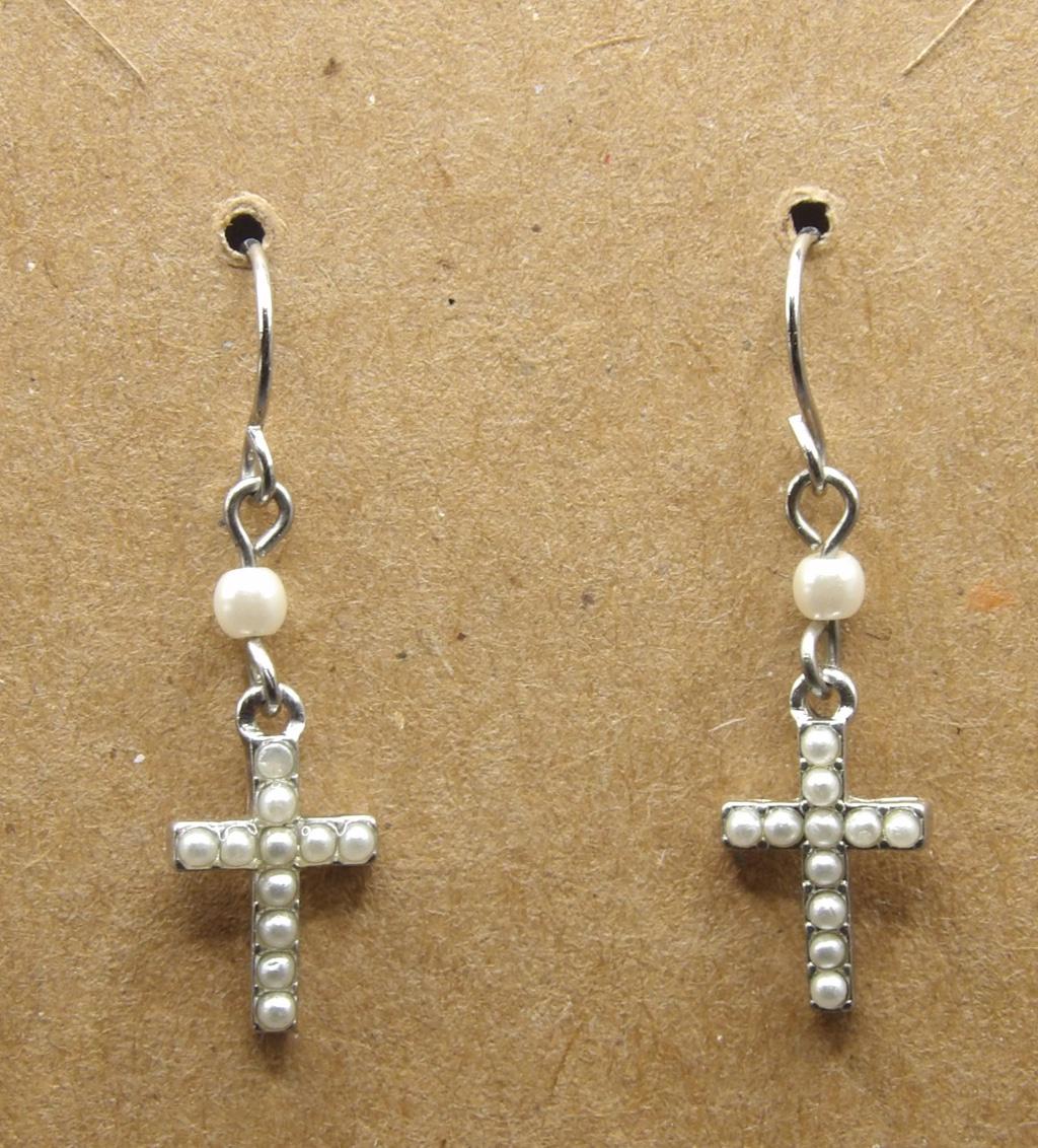 Women's Silver-Tone Cross & Faux Pearl Dangle Earrings