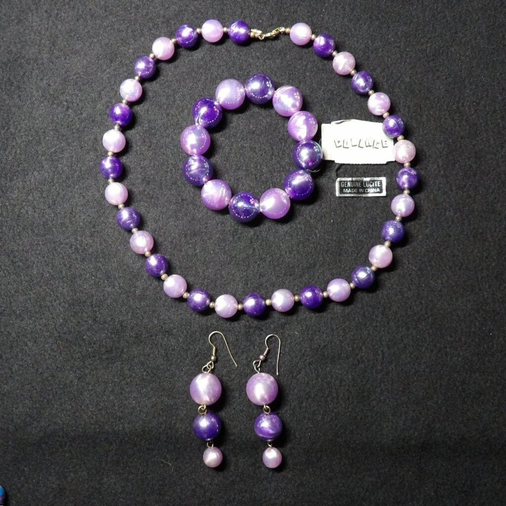Purple Lucite Chunky Beaded Jewelry Set — Necklace, Bracelet & Earrings