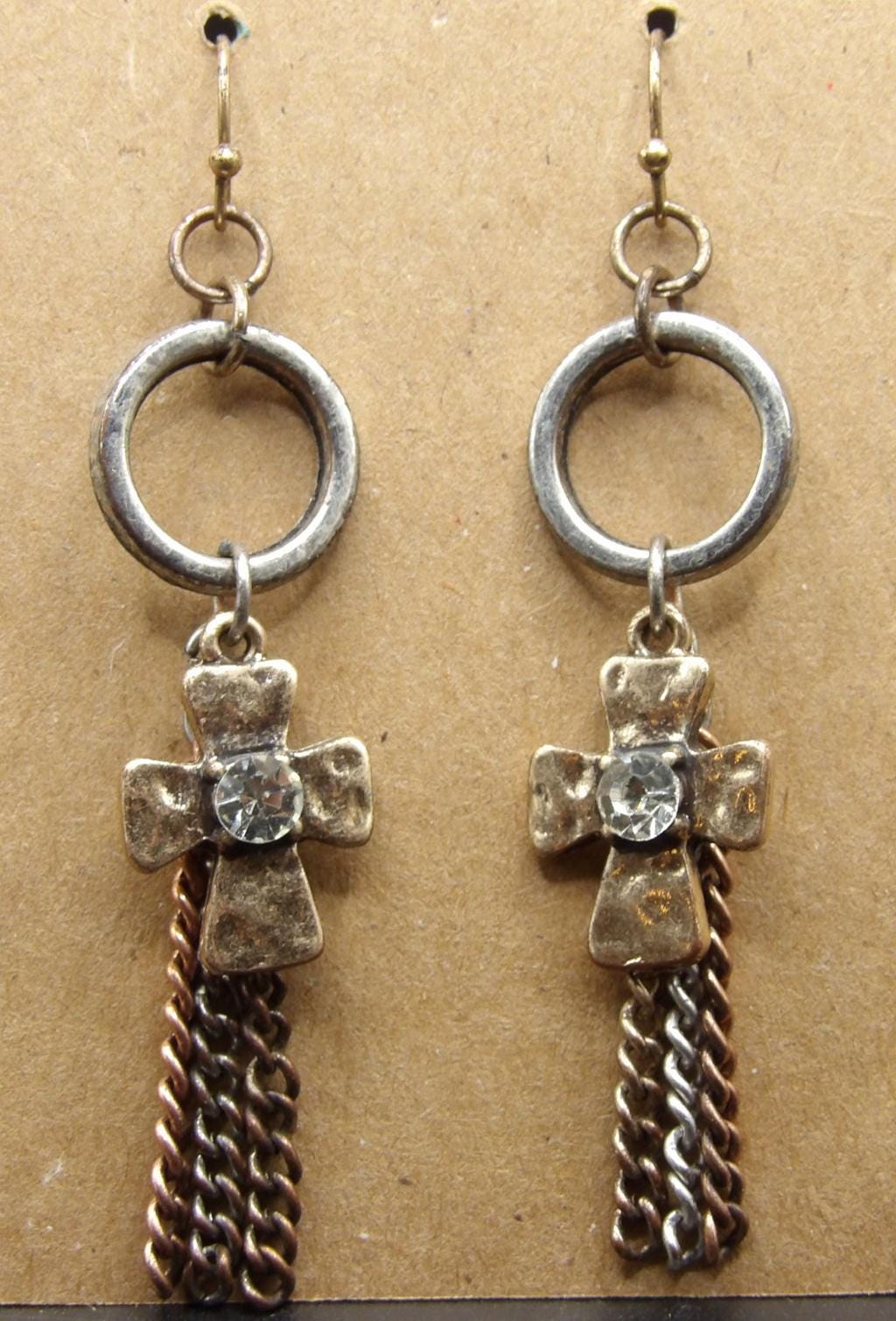 Women's Mixed Metal Cross & Chain Dangle Earrings with Rhinestone Accent