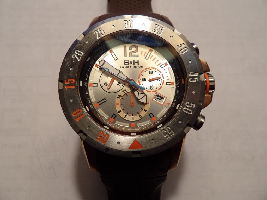Brandt & Hoffman Men's Chronograph Watch — White & Orange Dial, Brown Rubber Strap