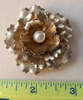 Vintage Gold Tone Layered Petal Flower Brooch with Faux Pearl Center — 2.5 Inch