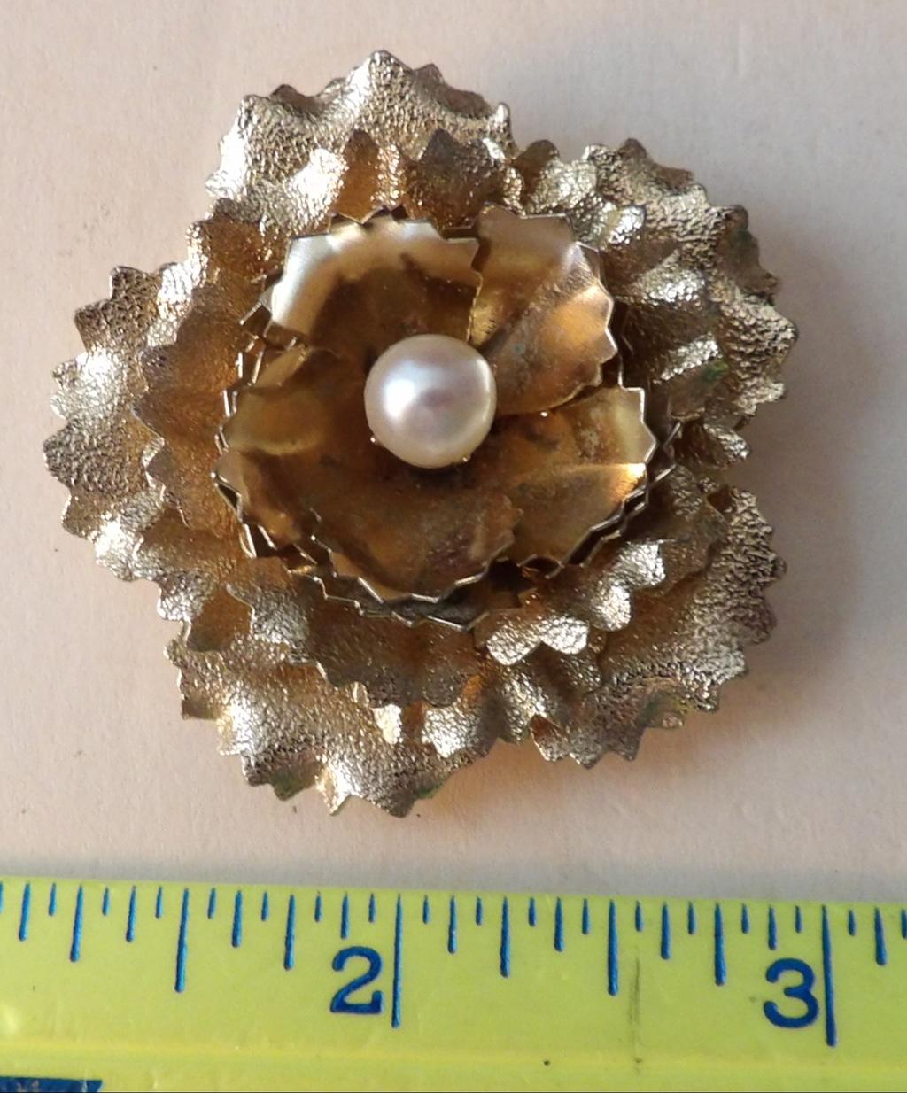 Vintage Gold Tone Layered Petal Flower Brooch with Faux Pearl Center — 2.5 Inch