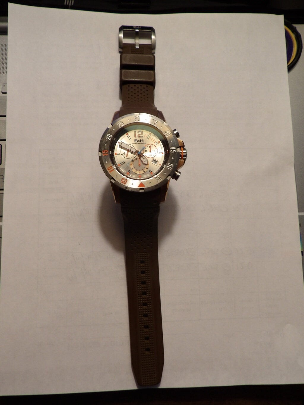 Brandt & Hoffman Men's Chronograph Watch — White & Orange Dial, Brown Rubber Strap