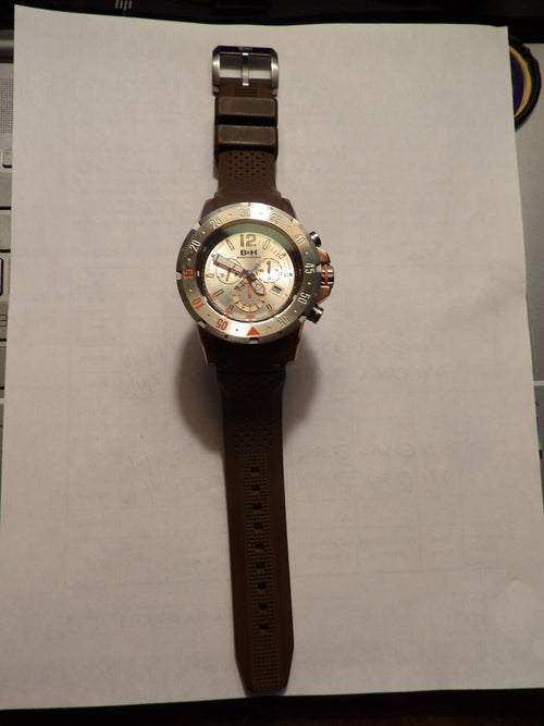 Brandt & Hoffman Men's Chronograph Watch — White & Orange Dial, Brown Rubber Strap