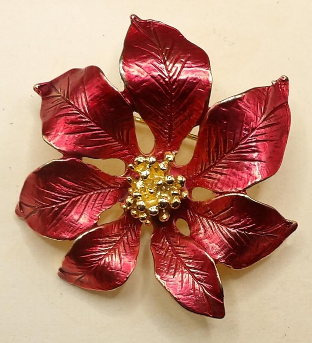 Women's Vintage Red Enamel Poinsettia Brooch with Gold-Tone Bead Center
