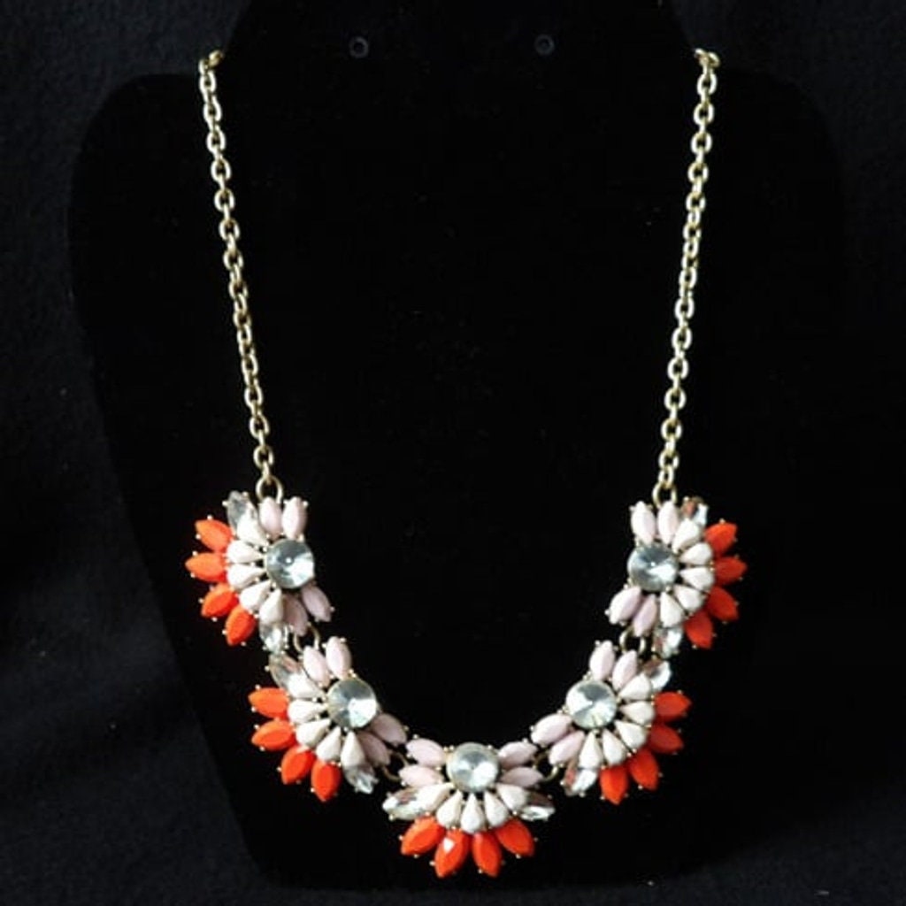 J. Crew Pink Coral Crystal Floral Gold Tone Statement Necklace