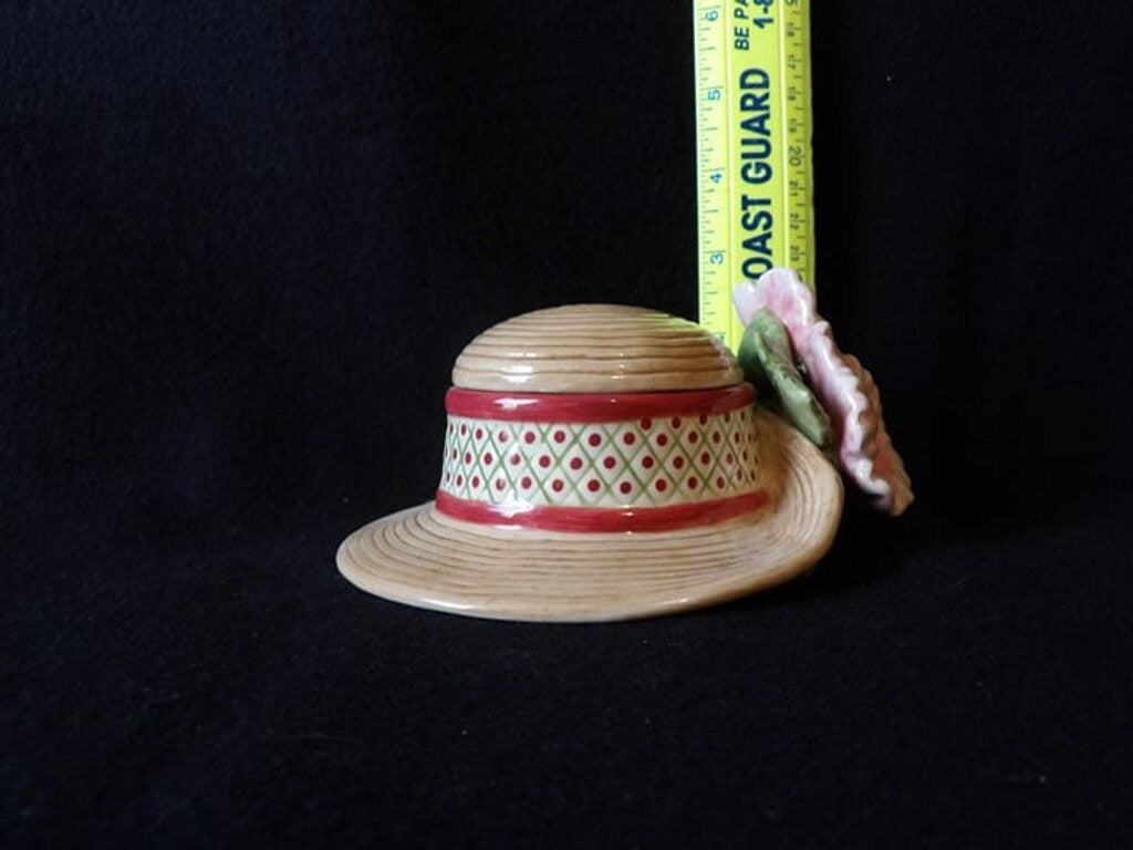 Fitz and Floyd Essentials Straw Hat w/ Pink Hibiscus Flowers Lidded Trinket Box