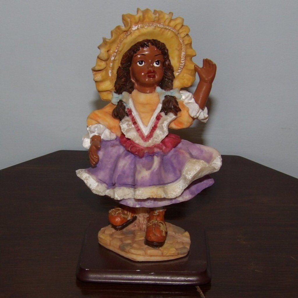 Vintage African American Girl Waving Figurine — Purple Dress & Tan Yellow Hat