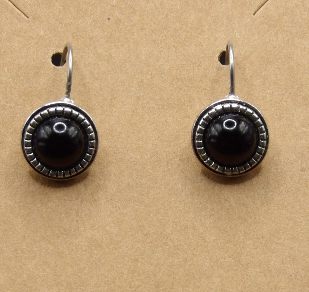 Women's Black Stone Silver-Tone Drop Earrings with Ridged Setting