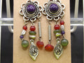 Vintage Designer Art Glass Metal Dangle Drop Earrings Purple Cabochon