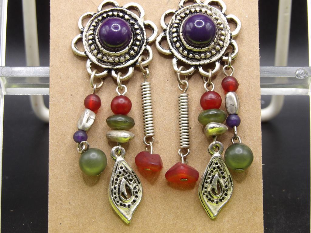 Vintage Designer Art Glass Metal Dangle Drop Earrings Purple Cabochon