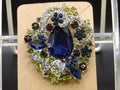Vintage Multicolor Rhinestone Brooch — Dark Blue Teardrop Center, Silver Tone Floral Wreath