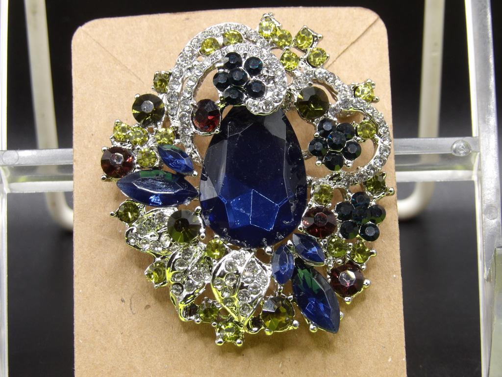Vintage Multicolor Rhinestone Brooch — Dark Blue Teardrop Center, Silver Tone Floral Wreath