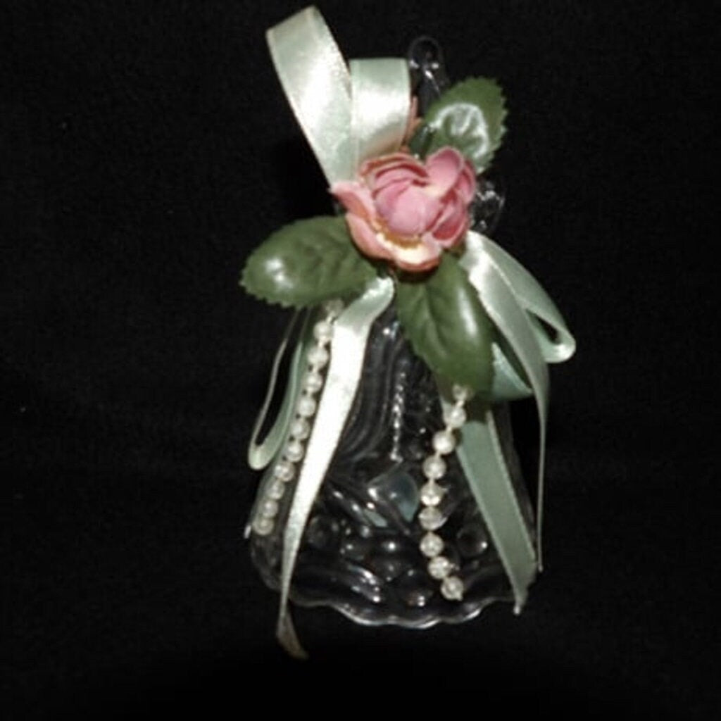 Vintage Small Glass Bell with Pink Flowers & Pearl Trim