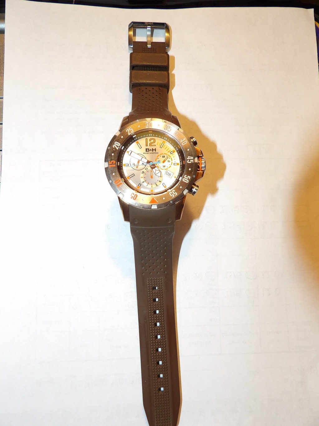 Brandt & Hoffman Men's Chronograph Watch — White & Orange Dial, Brown Rubber Strap