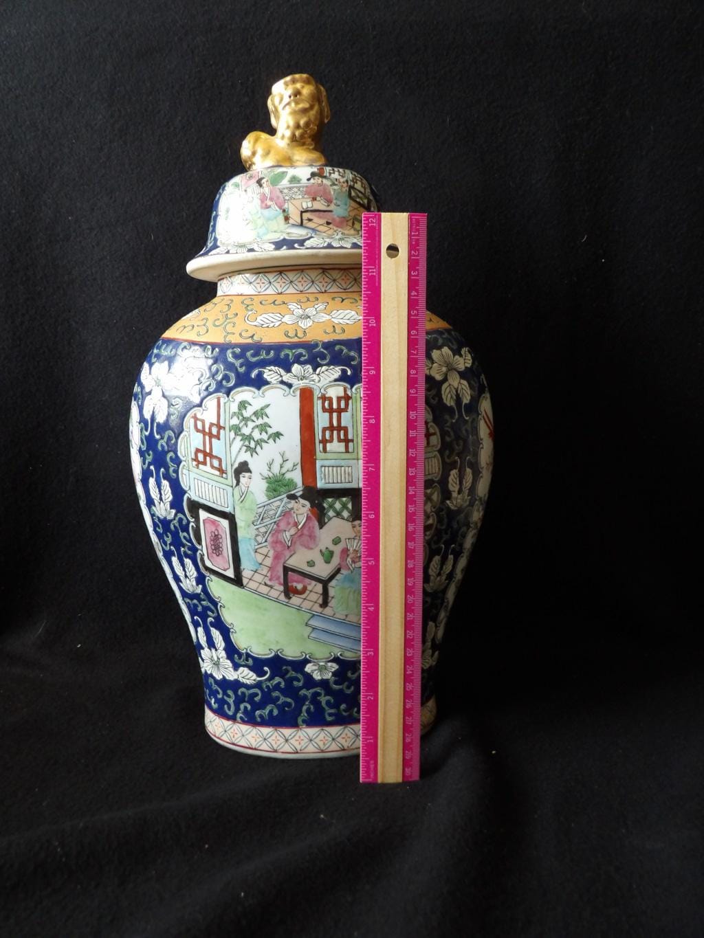 Chinese Porcelain Foo Dog Temple Jar with Lid — Blue, White & Gold Hand-Painted
