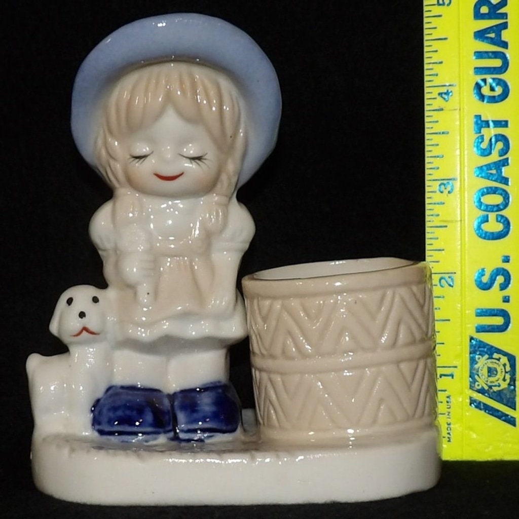 Vintage Girl Holding Flower and Puppy Toothpick/Candle Holder