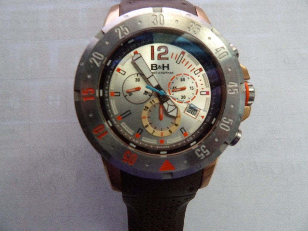 Brandt & Hoffman Men's Chronograph Watch — White & Orange Dial, Brown Rubber Strap