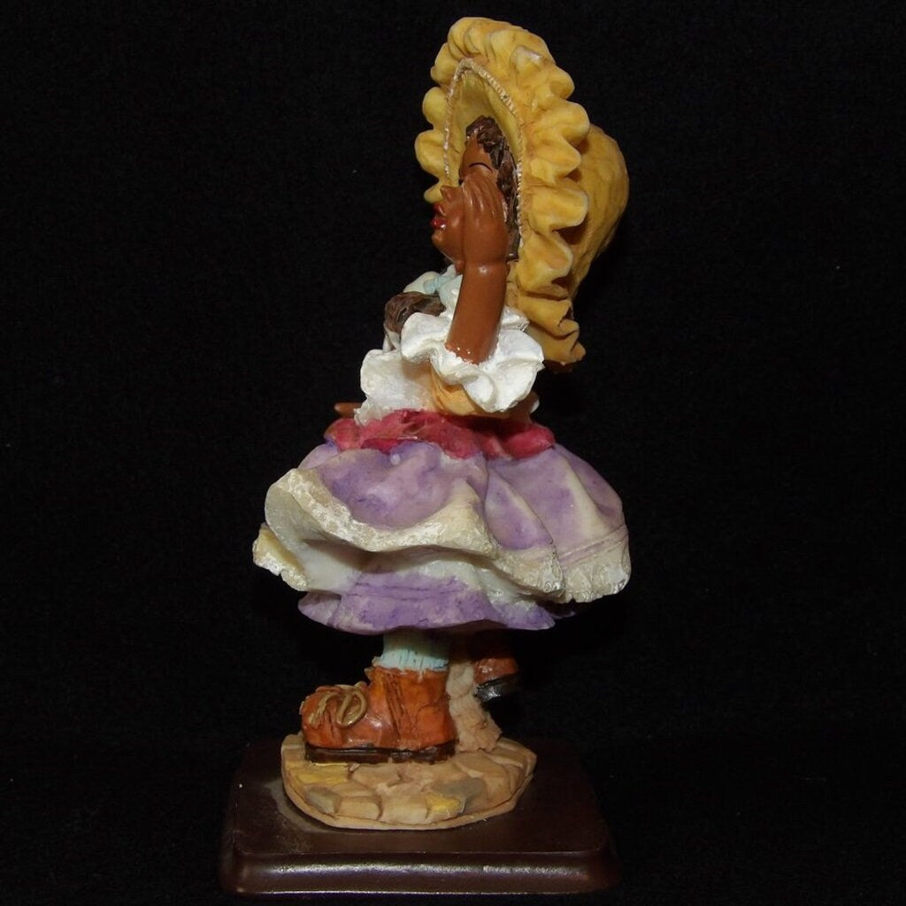 Vintage African American Girl Waving Figurine — Purple Dress & Tan Yellow Hat