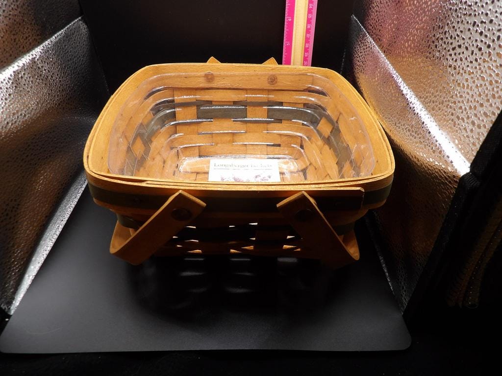 1993 Longaberger Handwoven Basket — Green Accent Band & Swing Handle with Plastic Protector