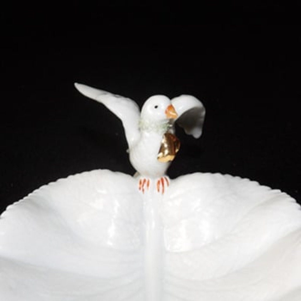 Vintage Porcelain Trinket Dish — Dove with Golden Bells & Wreath