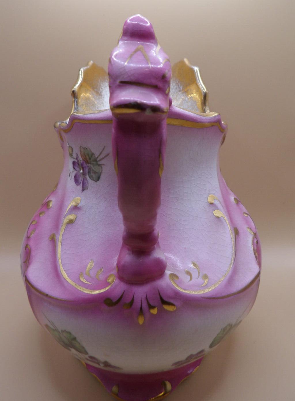Rare Torquay Haynes Salts Pitcher Pink with Violets and Gold Trimming